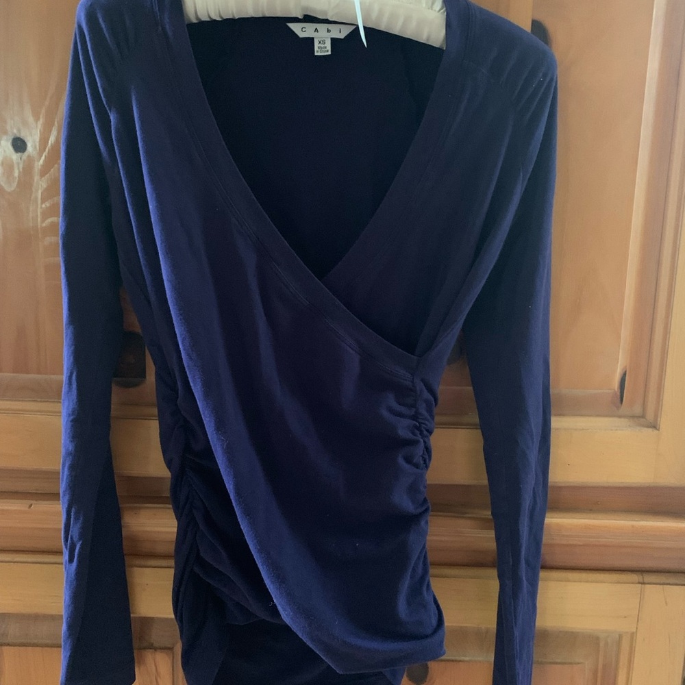 CAbi Blue Wrap Ruched Blouse